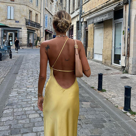 Slim-fit Shoulder Solid Color Backless Long Dress - ANIBEY