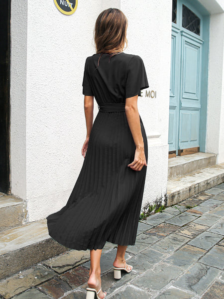 Spring Summer Casual Lotus Leaf Sleeves Lace-up Pleated Chiffon Maxi Dress - ANIBEY
