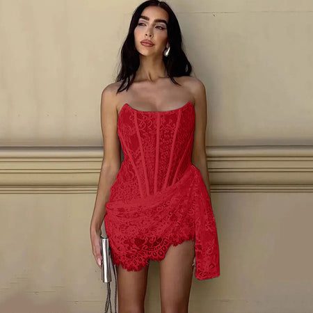 Strapless Lace Dress Party Women Fashion And Sexy Slim Skirt With Back Lace-up Design - ANIBEY