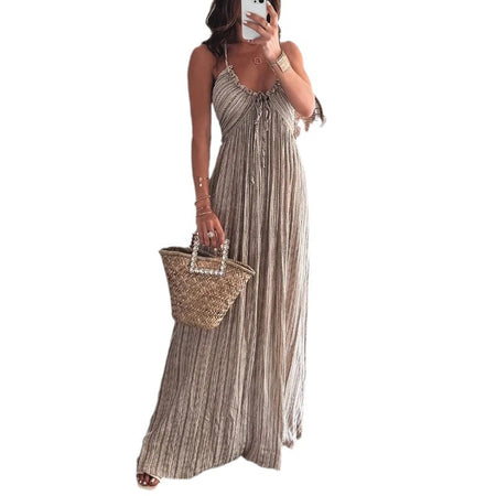 Summer New Solid Color Sexy Backless U-neck Strap Back Dress - ANIBEY