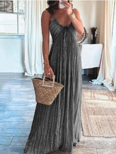Summer New Solid Color Sexy Backless U-neck Strap Back Dress - ANIBEY
