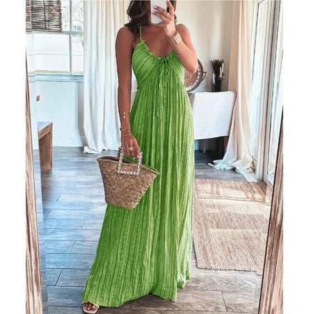 Summer New Solid Color Sexy Backless U-neck Strap Back Dress - ANIBEY
