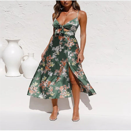 Suspender Women's Printed Wear Bow Beach Dress - ANIBEY