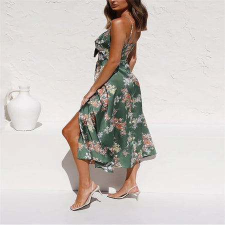 Suspender Women's Printed Wear Bow Beach Dress - ANIBEY
