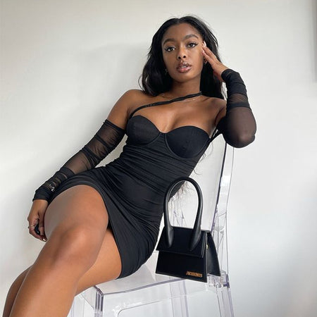 Temperament Sexy Mesh Stitching Backless Pleated Wrap Chest And Hip Dress - ANIBEY
