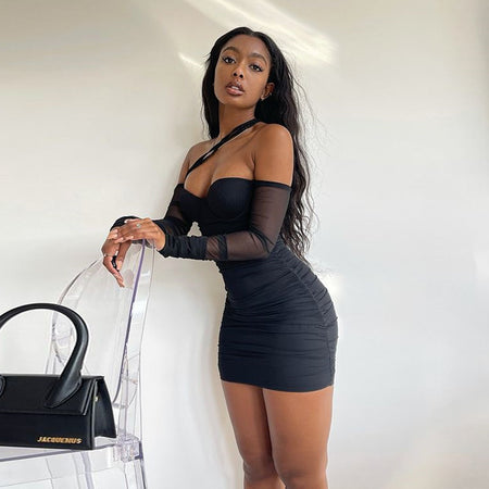 Temperament Sexy Mesh Stitching Backless Pleated Wrap Chest And Hip Dress - ANIBEY