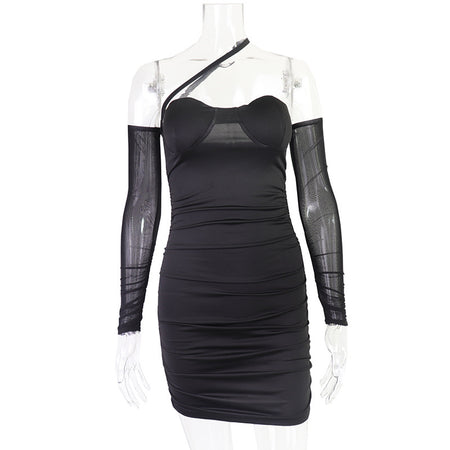 Temperament Sexy Mesh Stitching Backless Pleated Wrap Chest And Hip Dress - ANIBEY