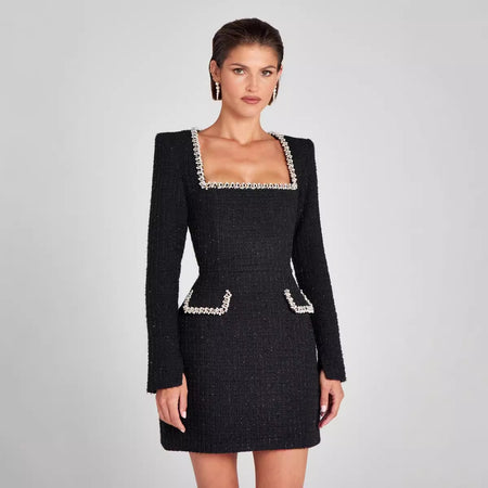 U-neck Long Sleeved Beaded Dress - ANIBEY