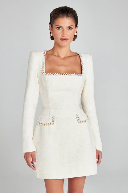 U-neck Long Sleeved Beaded Dress - ANIBEY