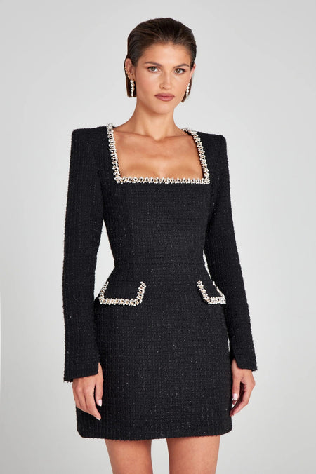 U-neck Long Sleeved Beaded Dress - ANIBEY