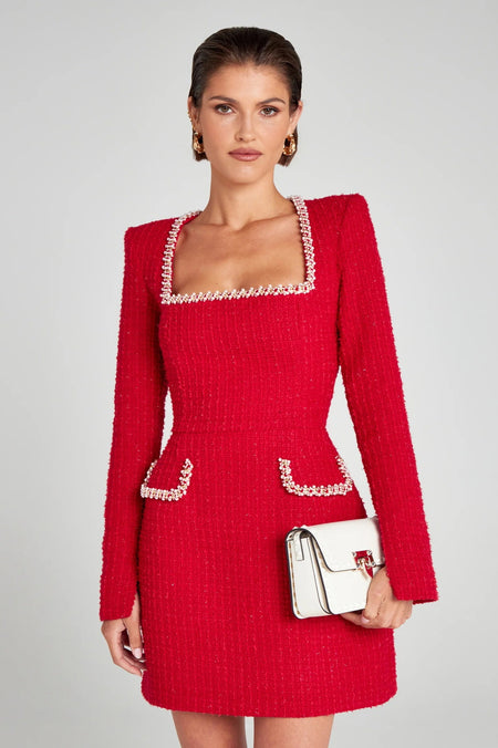 U-neck Long Sleeved Beaded Dress - ANIBEY