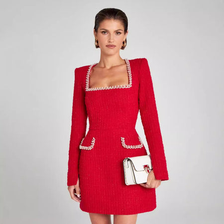 U-neck Long Sleeved Beaded Dress - ANIBEY