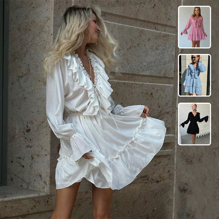 V Neck Pleated Ruffle Long Sleeve Y2K V Neck Flared Sleeve Short Women's Dress - ANIBEY