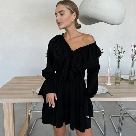 V Neck Pleated Ruffle Long Sleeve Y2K V Neck Flared Sleeve Short Women's Dress - ANIBEY