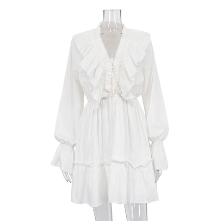V Neck Pleated Ruffle Long Sleeve Y2K V Neck Flared Sleeve Short Women's Dress - ANIBEY