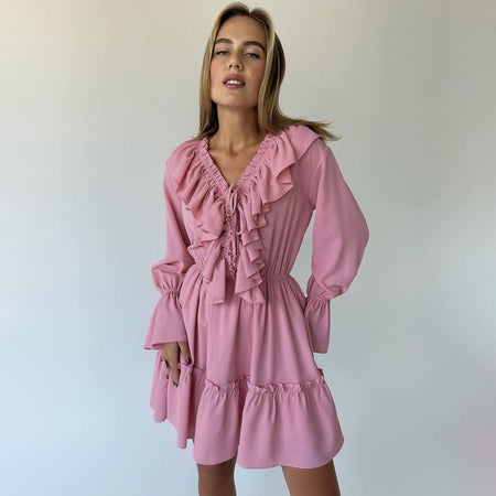 V Neck Pleated Ruffle Long Sleeve Y2K V Neck Flared Sleeve Short Women's Dress - ANIBEY