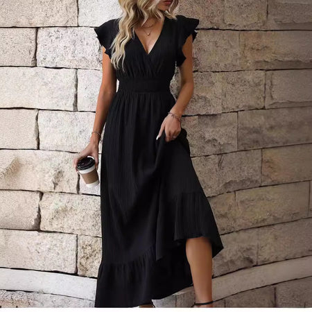 V-neck Ruffled Sleeve Solid Color Dress Leisure Vacation A- Line Skirt - ANIBEY