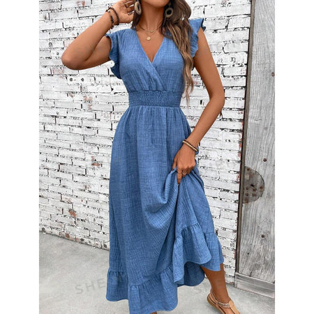 V-neck Ruffled Sleeve Solid Color Dress Leisure Vacation A- Line Skirt - ANIBEY