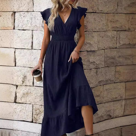V-neck Ruffled Sleeve Solid Color Dress Leisure Vacation A- Line Skirt - ANIBEY