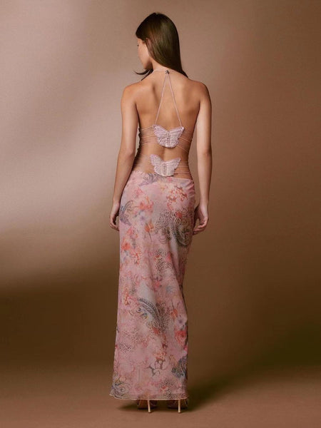 Woman Floral Print Halter Spaghetti Straps Dress Sexy Slim Butterfly Back Dress - ANIBEY