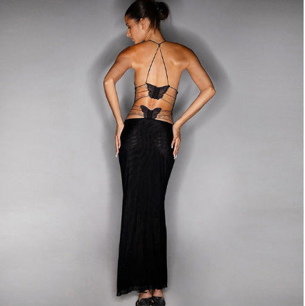 Woman Floral Print Halter Spaghetti Straps Dress Sexy Slim Butterfly Back Dress - ANIBEY