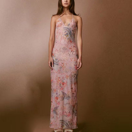 Woman Floral Print Halter Spaghetti Straps Dress Sexy Slim Butterfly Back Dress - ANIBEY