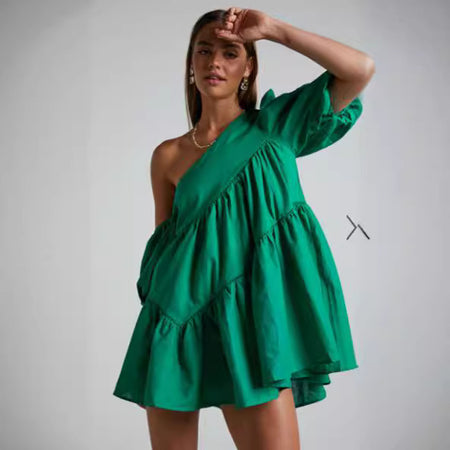 Women's Casual Loose Off-the-shoulder Puff Sleeves Stitching Short Sleeve Dress - ANIBEY