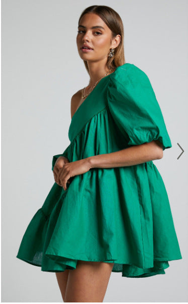 Women's Casual Loose Off-the-shoulder Puff Sleeves Stitching Short Sleeve Dress - ANIBEY