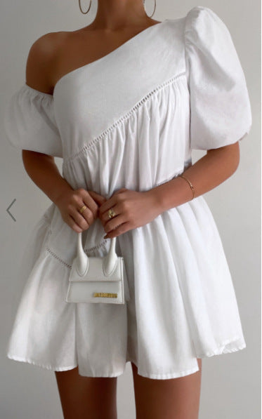 Women's Casual Loose Off-the-shoulder Puff Sleeves Stitching Short Sleeve Dress - ANIBEY