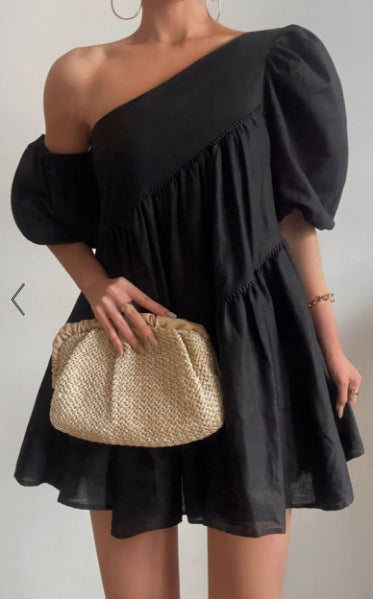 Women's Casual Loose Off-the-shoulder Puff Sleeves Stitching Short Sleeve Dress - ANIBEY