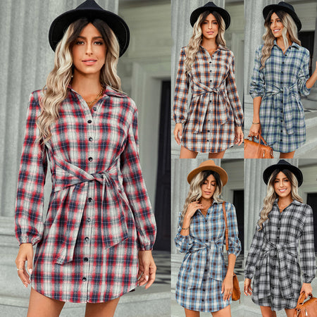 Women's Clothing Foreign Trade Fashion Plaid Drawstring Waist-tight Dress - ANIBEY