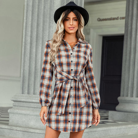 Women's Clothing Foreign Trade Fashion Plaid Drawstring Waist-tight Dress - ANIBEY