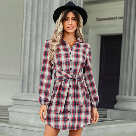 Women's Clothing Foreign Trade Fashion Plaid Drawstring Waist-tight Dress - ANIBEY