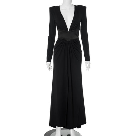 Women's Deep V Long Sleeve High Slit Long Dress - ANIBEY
