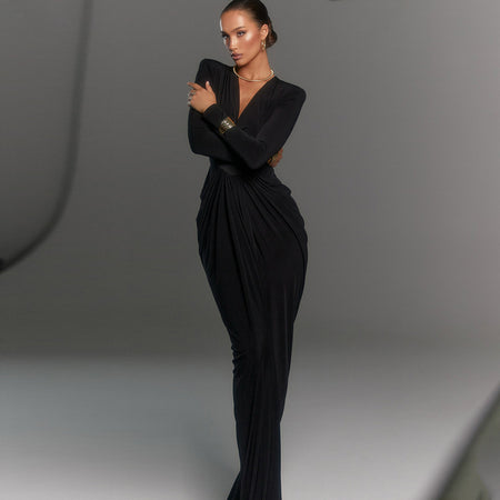 Women's Deep V Long Sleeve High Slit Long Dress - ANIBEY