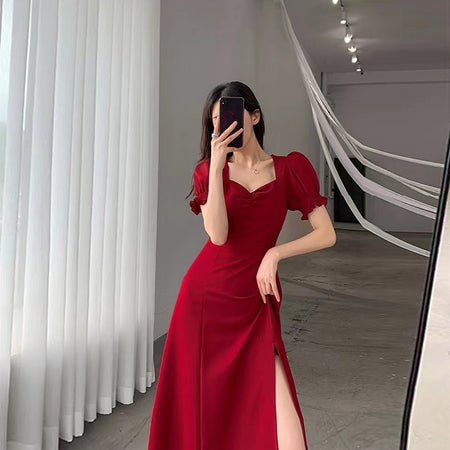 Women's Fashion Retro Square Collar Puff Sleeve Dress - ANIBEY