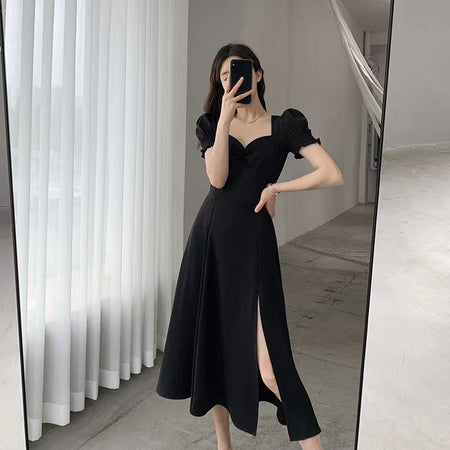 Women's Fashion Retro Square Collar Puff Sleeve Dress - ANIBEY