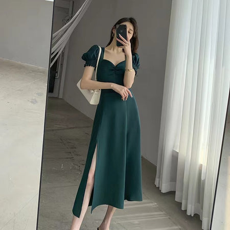 Women's Fashion Retro Square Collar Puff Sleeve Dress - ANIBEY