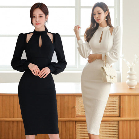 Women's Fashion Round Neck Bubble Sleeve Dress - ANIBEY