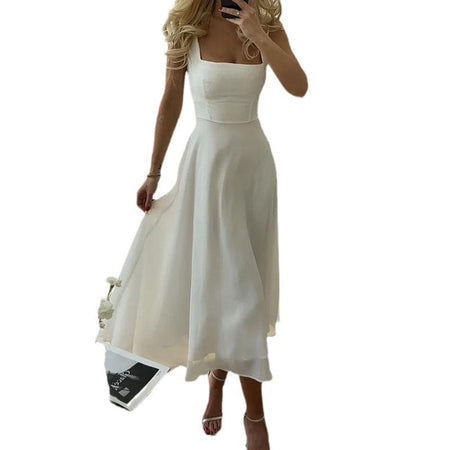 Women's Fashion Square Collar Sling Temperament Waist-controlled Dress - ANIBEY