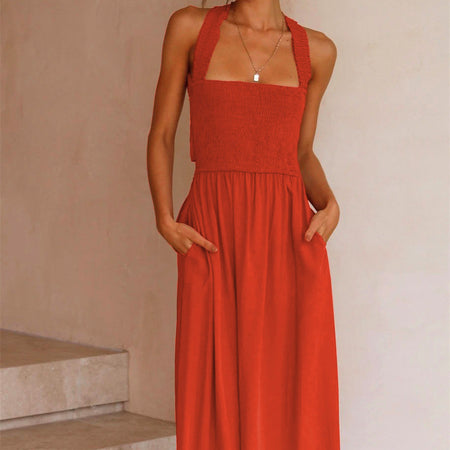 Women's Fashionable Elegant Cotton And Linen Off-neck Sling Dress - ANIBEY