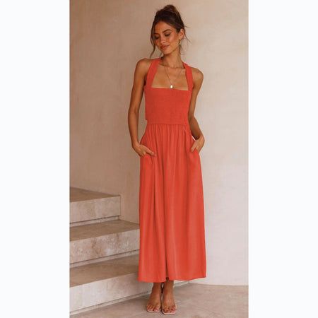 Women's Fashionable Elegant Cotton And Linen Off-neck Sling Dress - ANIBEY