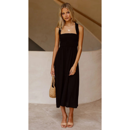 Women's Fashionable Elegant Cotton And Linen Off-neck Sling Dress - ANIBEY
