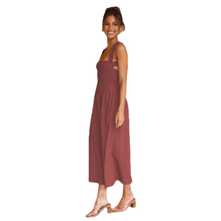 Women's Fashionable Elegant Cotton And Linen Off-neck Sling Dress - ANIBEY
