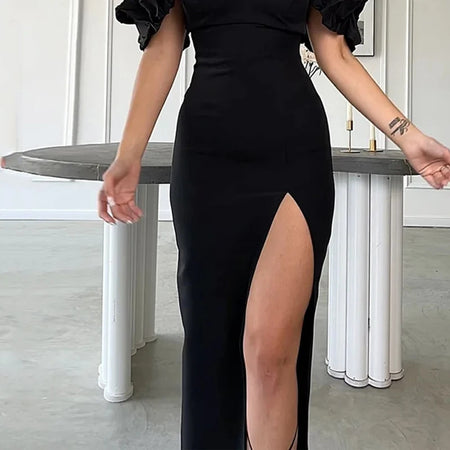 Women's Fashionable With Side-slit Solid Color Dress - ANIBEY
