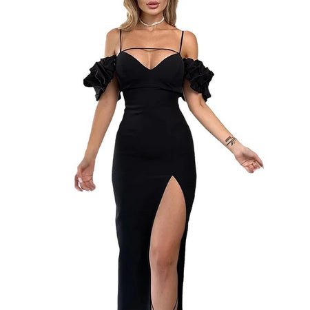 Women's Fashionable With Side-slit Solid Color Dress - ANIBEY