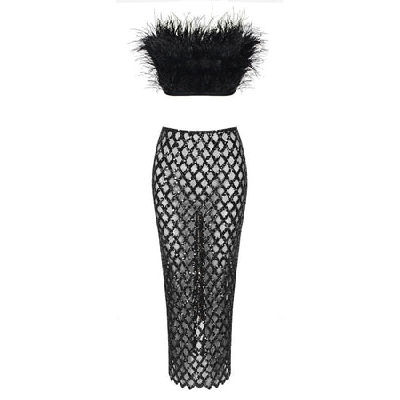 Women's Feather Top and Tight Skirt Co-ord Dress - ANIBEY