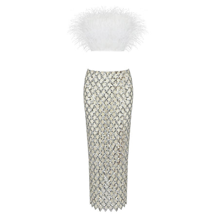 Women's Feather Top and Tight Skirt Co-ord Dress - ANIBEY
