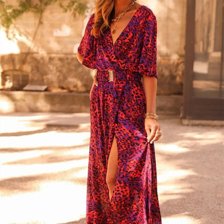 Women's Graceful And Fashionable Slimming Printed Cinched Mid-length Dress - ANIBEY