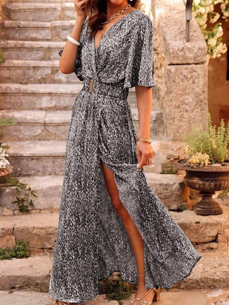 Women's Graceful And Fashionable Slimming Printed Cinched Mid-length Dress - ANIBEY